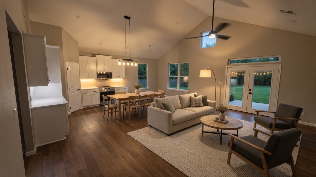 Open-concept kitchen and living room with white cabinetry and wood floors in a Claremore custom home