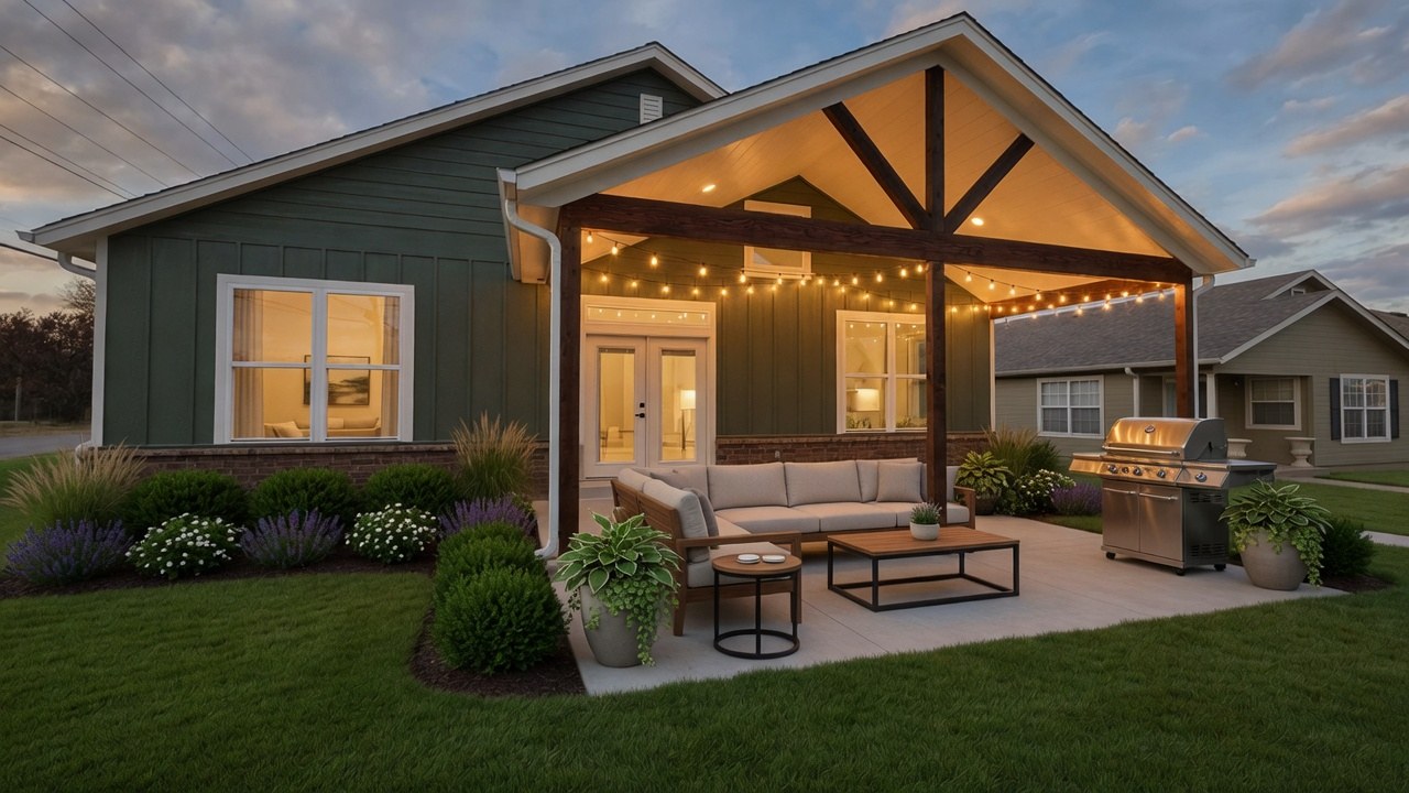 Covered outdoor living porch staged for weekend entertaining near Green Country