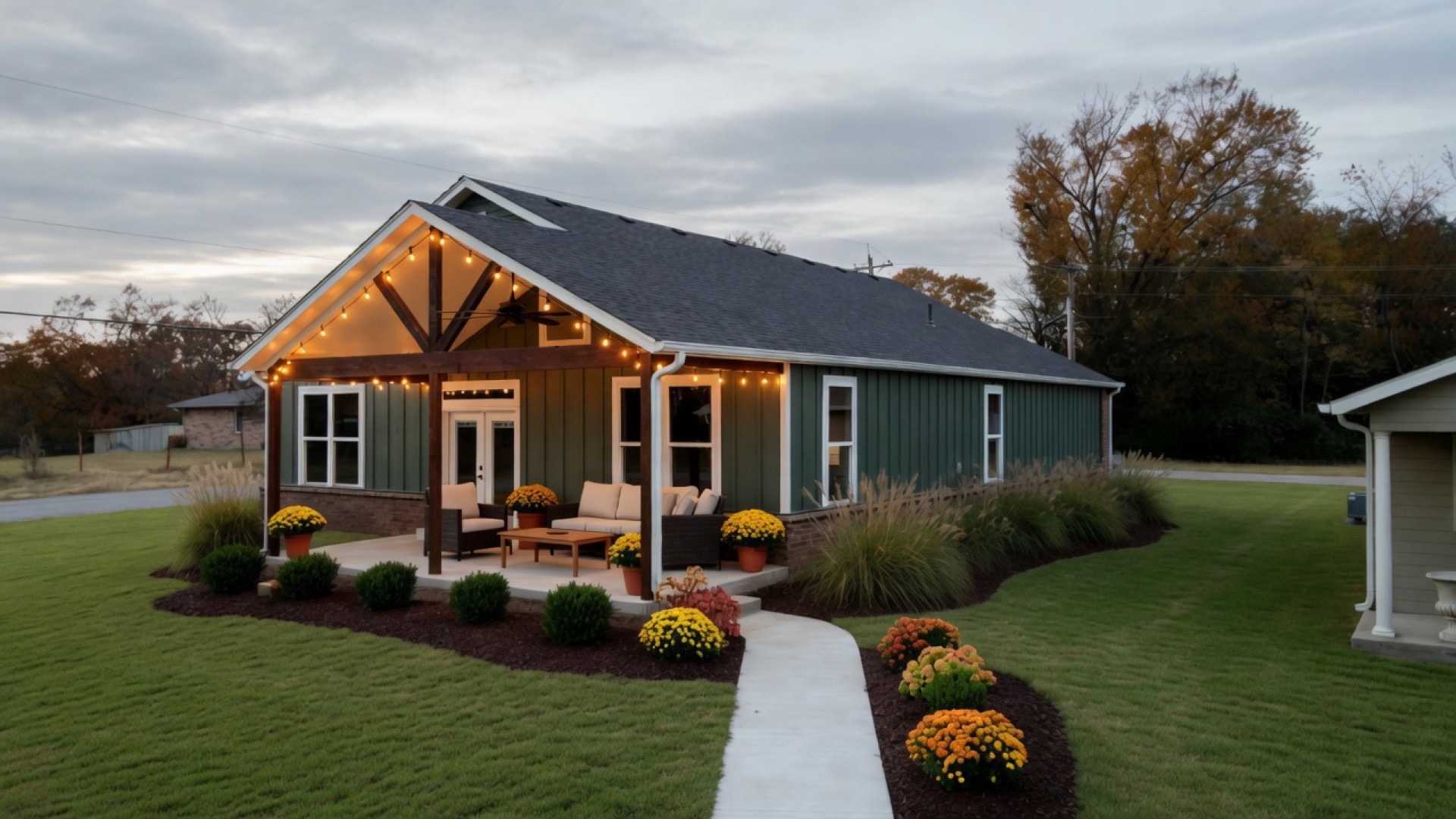Aerial of custom home covered porch with outdoor living furniture and landscaping