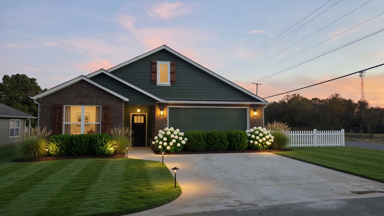Custom home exterior at twilight in northeast Oklahoma