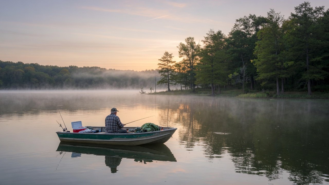 Quiet morning fishing on Grand Lake O the Cherokees in northeast Oklahoma