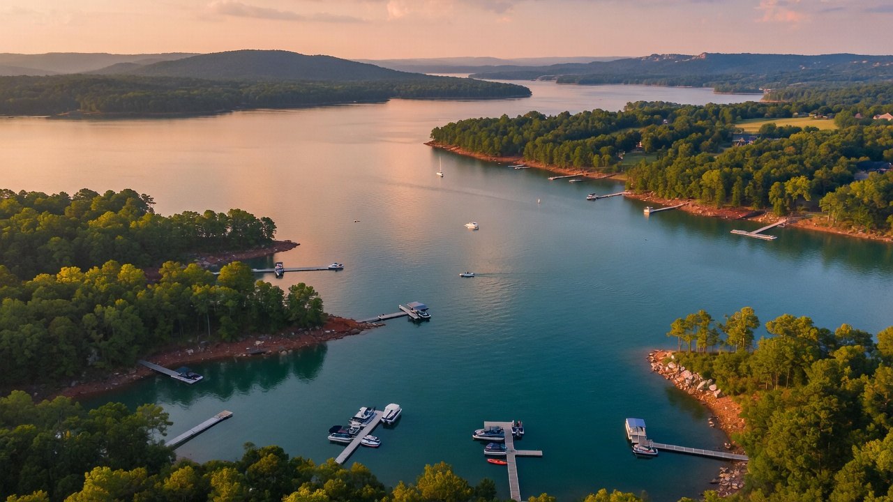 Aerial view of Grand Lake O the Cherokees in northeast Oklahoma with shoreline and open water